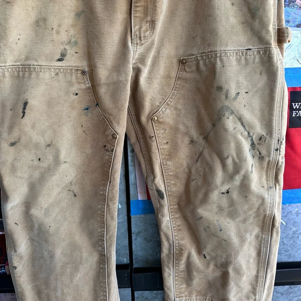 Carhartt Tan Distressed Double Knee Paint Stains Work Pants 1990s USA 36x32 - Picture 2 of 7